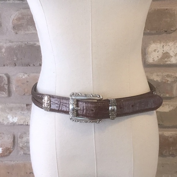 BRIGHTON Women’s Brown Croc Embossed Braided 3 Strand Leather Concho Belt M - Picture 1 of 7
